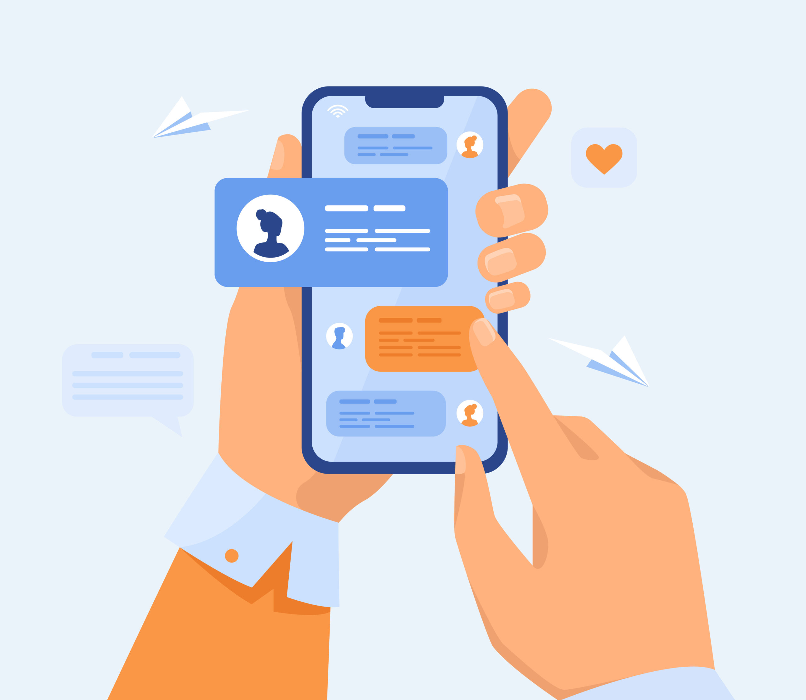 Human hand holding mobile phone with text messages. Person touching screen with chat conversation flat vector illustration. Phone communication concept for banner, website design or landing web page